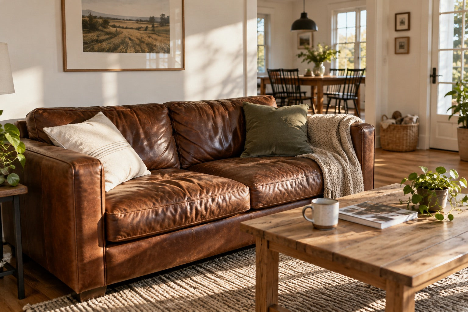 Inviting living room with a brown leather sofa and oak coffee table