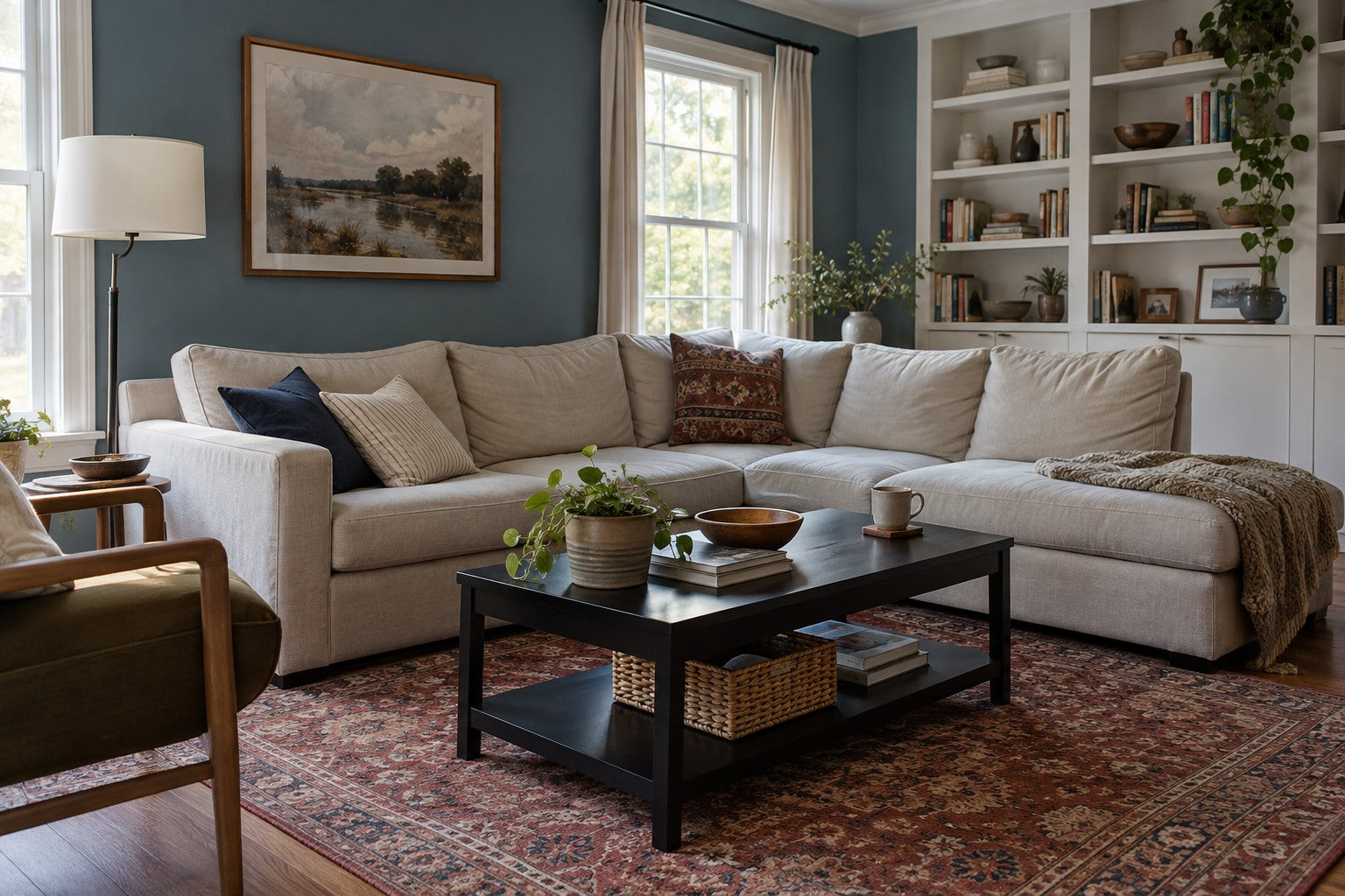 American family living room with a comfortable sectional sofa