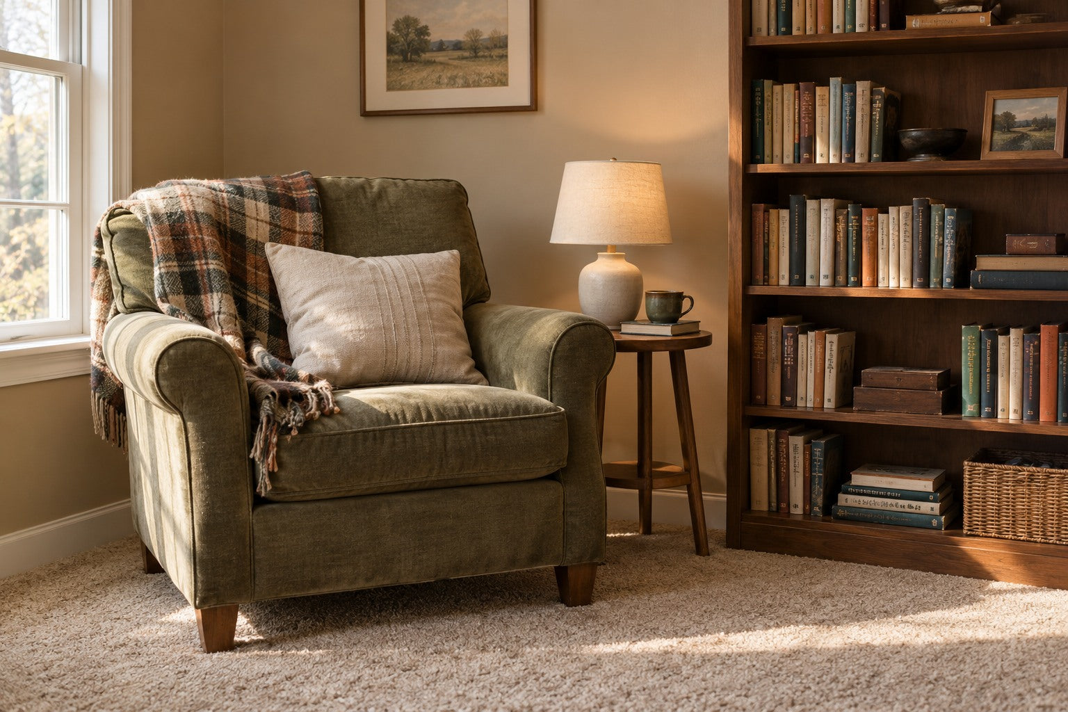 Relaxed reading corner with an olive armchair and books