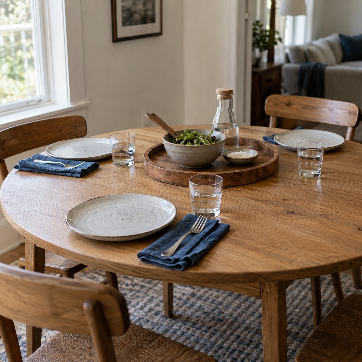 Everyday stoneware and glasses on an oak dining table