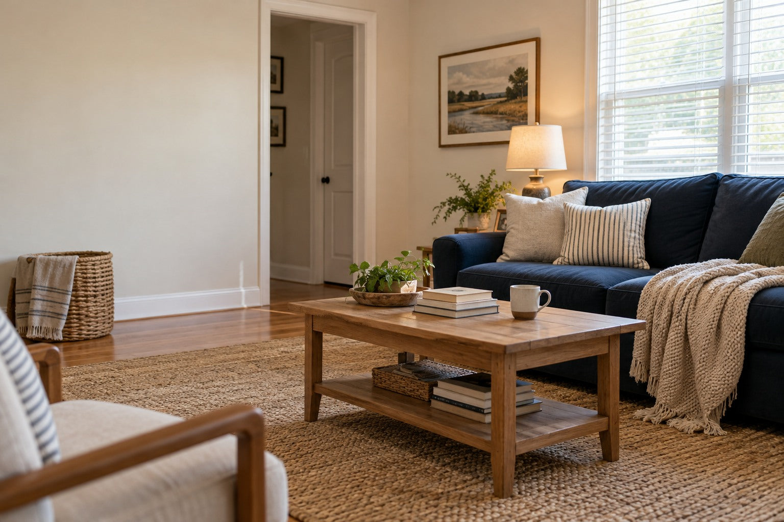 Comfortable American living room with a navy sofa and oak coffee table
