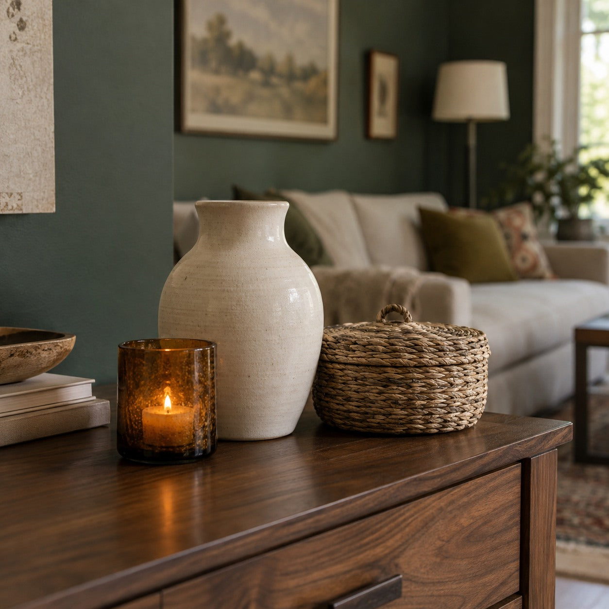 Everyday ceramic and glass accents on a walnut console
