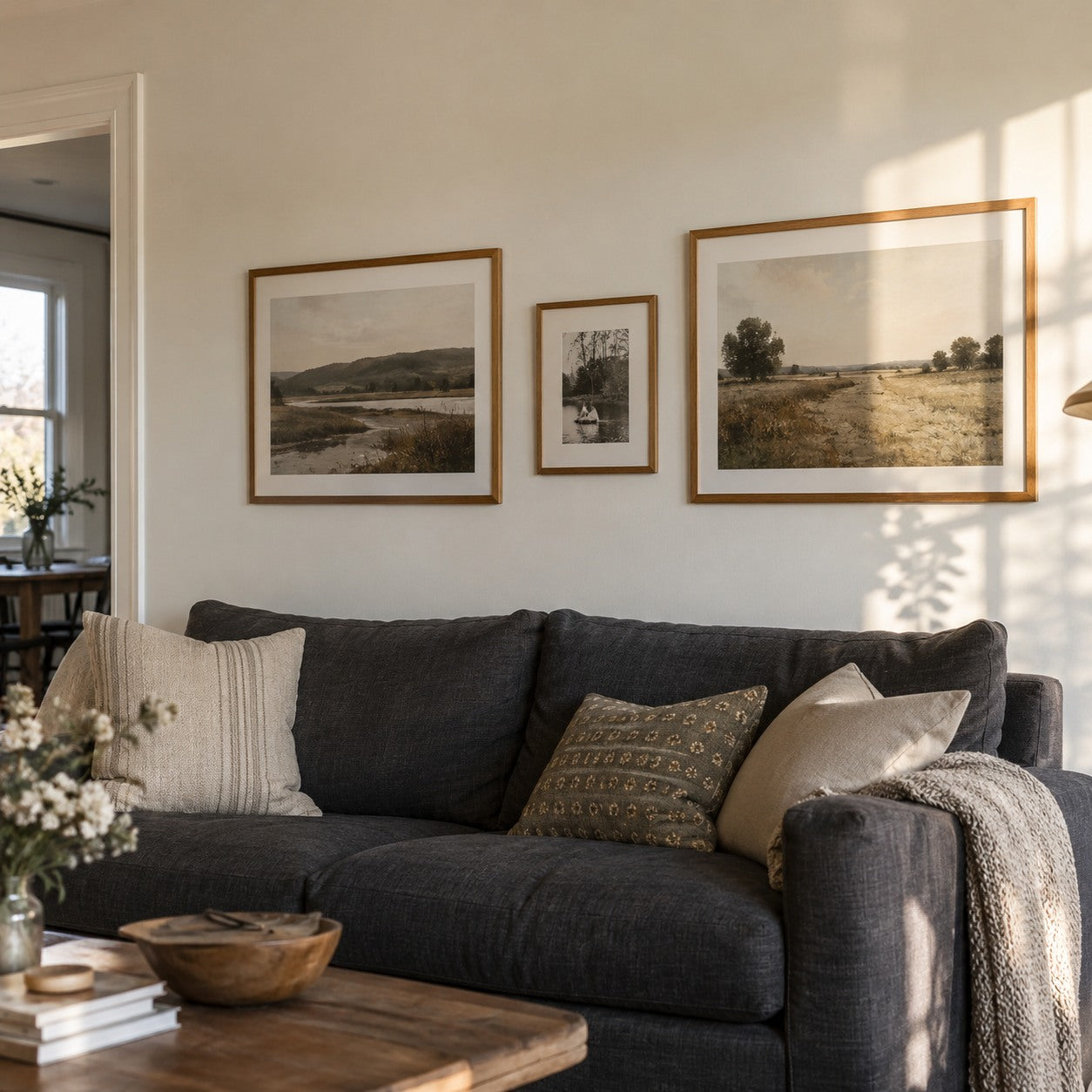 Framed landscape prints above a charcoal sofa